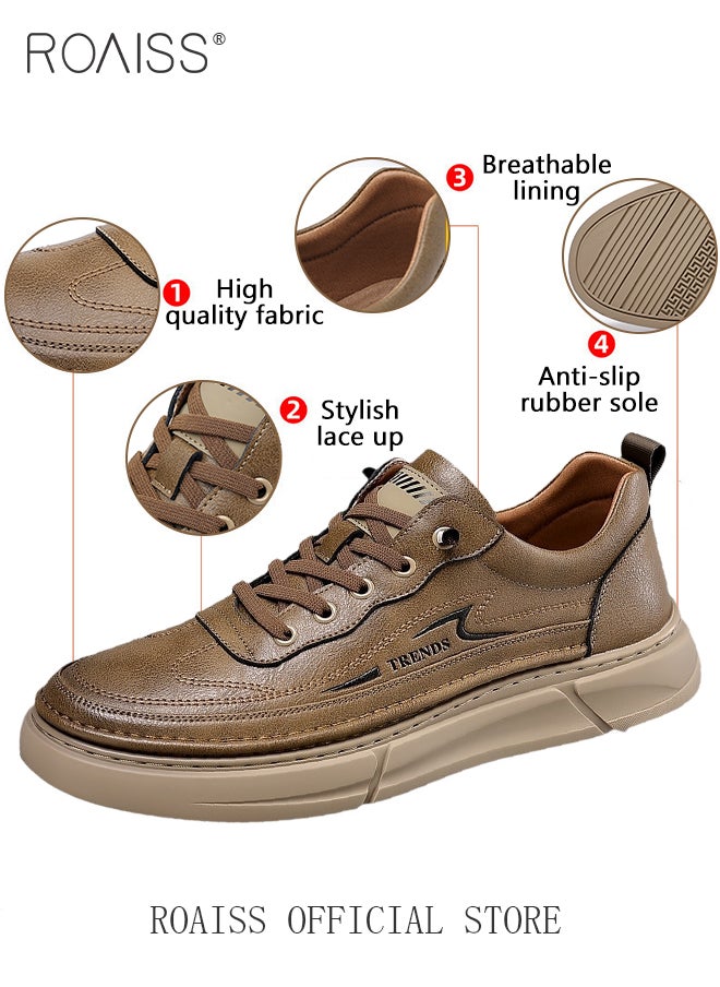roaiss - Business Casual Leather Shoes for Men Round Toe Low Top Front Lace up Anti Slip Driving Shoes Mens Retro Stretch Sole Comfort Wear Resistant Walking Shoes For All Seasons - Image 1