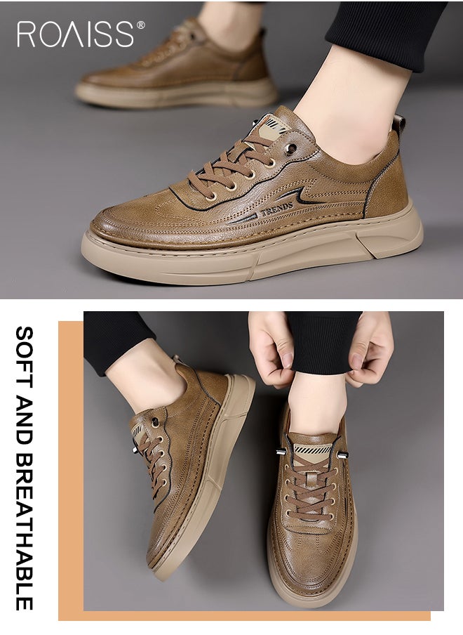 roaiss - Business Casual Leather Shoes for Men Round Toe Low Top Front Lace up Anti Slip Driving Shoes Mens Retro Stretch Sole Comfort Wear Resistant Walking Shoes For All Seasons - Image 1