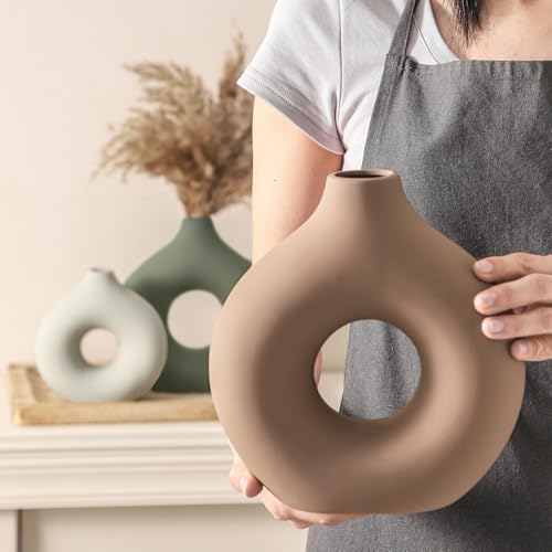 Vanselia Ceramic Vase Home Table Decor - Flower Vases Set of 3 Small Living Room Centerpiece Decorations for Shelf Bedroom Office Kitchen Dining Desk Modern Aesthetic Farmhouse Decorative (Brown) - Image 4