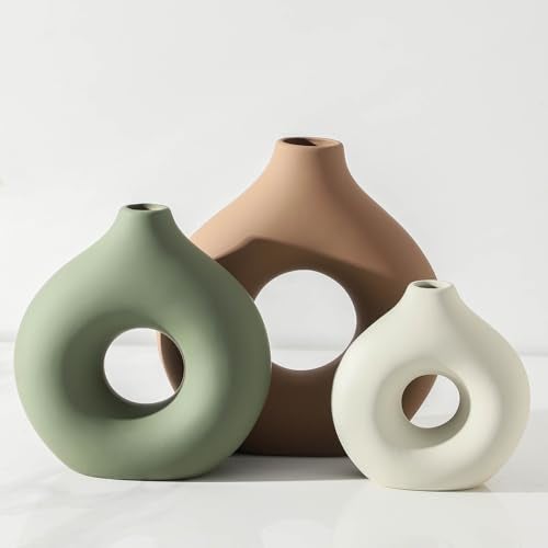 Vanselia Ceramic Vase Home Table Decor - Flower Vases Set of 3 Small Living Room Centerpiece Decorations for Shelf Bedroom Office Kitchen Dining Desk Modern Aesthetic Farmhouse Decorative (Brown) - Image 1