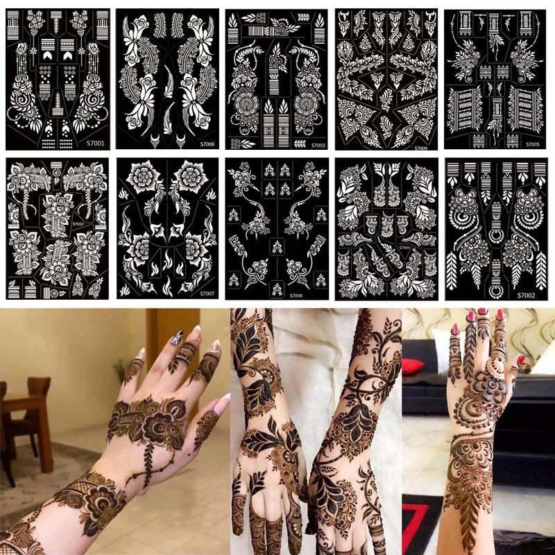 PPVWEY 10 Sheets Henna Tattoo Stencils 10 Pair Arm Hand Tattoo Template Temporary Indian Arabian Glitter Airbrush Tattoo Stickers for Face Body Paint DIY (Black) - Image 1