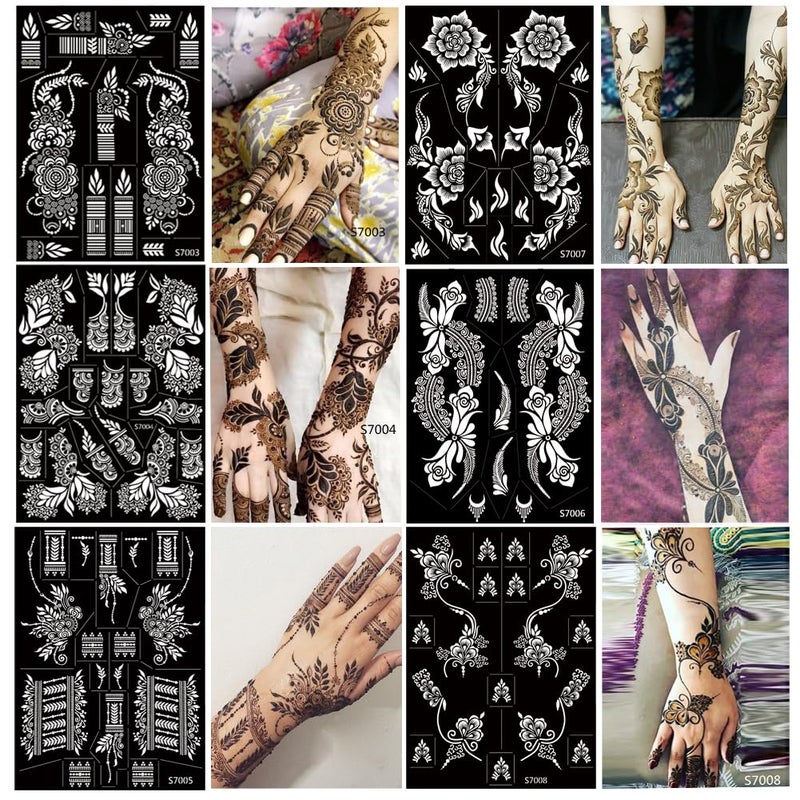PPVWEY 10 Sheets Henna Tattoo Stencils 10 Pair Arm Hand Tattoo Template Temporary Indian Arabian Glitter Airbrush Tattoo Stickers for Face Body Paint DIY (Black) - Image 2
