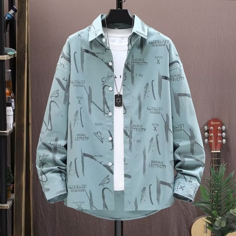 Long sleeve shirt mens spring and autumn trendy Pu handsome shirt clothing 2023 new casual printed thin coat Apricot - Image 2