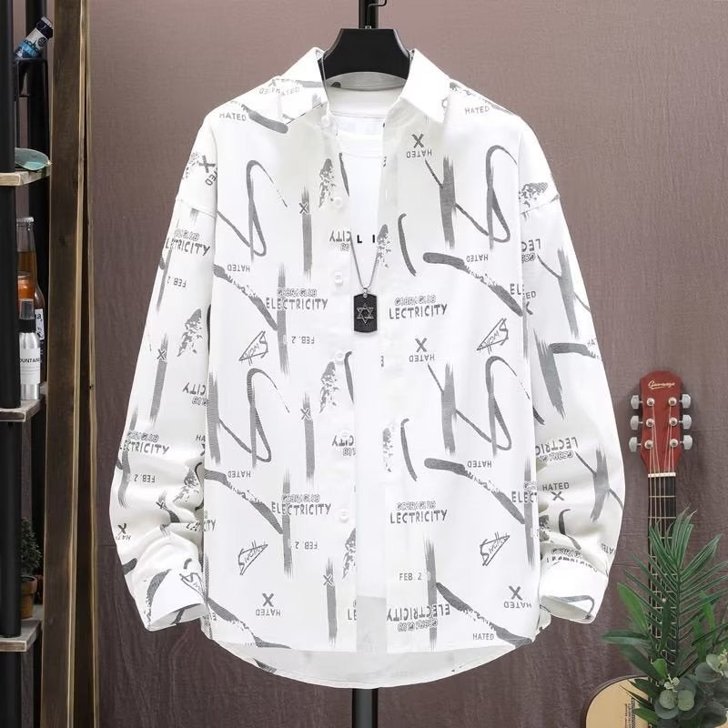Long sleeve shirt mens spring and autumn trendy Pu handsome shirt clothing 2023 new casual printed thin coat Apricot - Image 3
