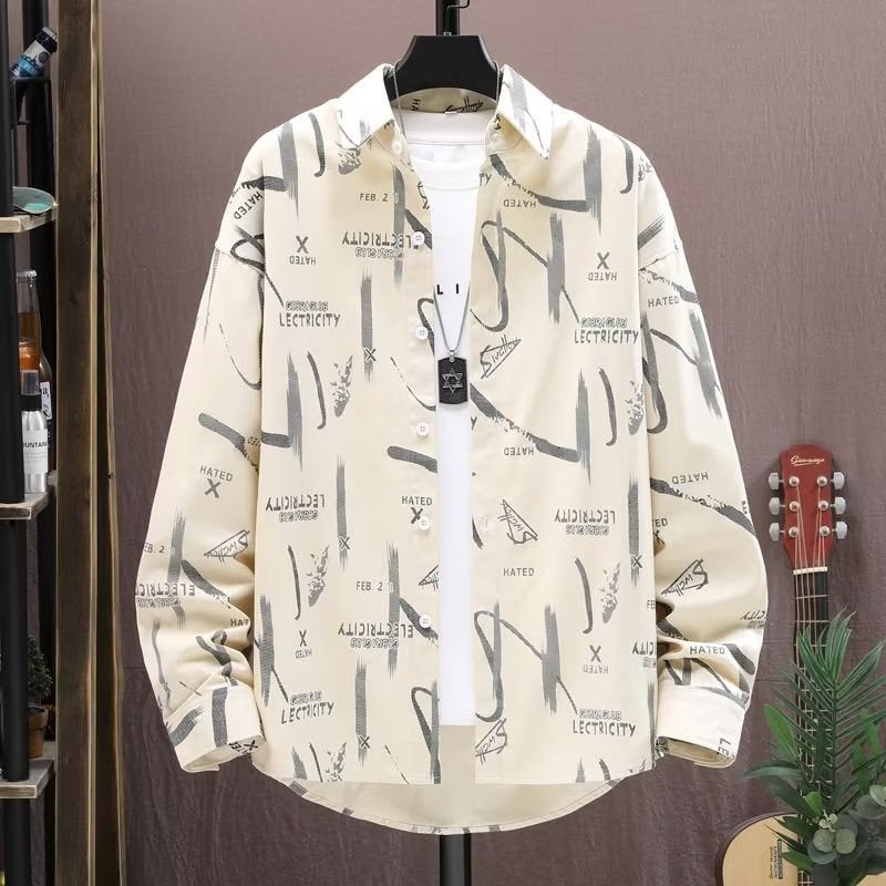 Long sleeve shirt mens spring and autumn trendy Pu handsome shirt clothing 2023 new casual printed thin coat Apricot - Image 1