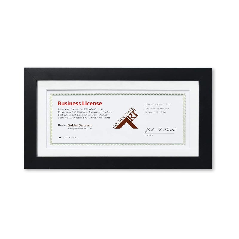 Golden State Art Golden State Art 5x10 Wood Frame for 4x9 Business License Certificate with White Mat  Tabletop Display Black 