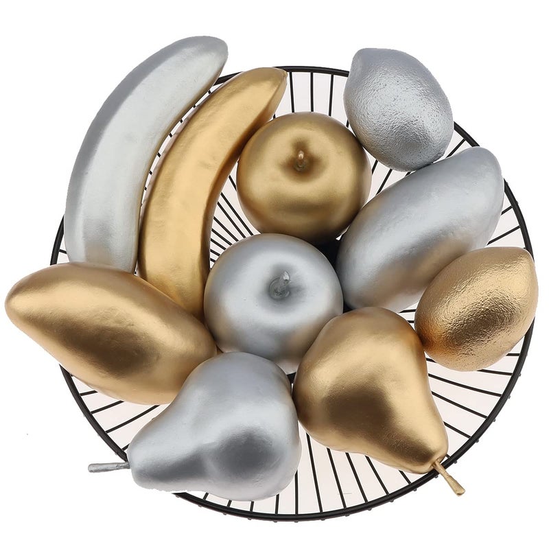 Meiwlong 10 PCS Artificial Assorted Golden Silver Fruits Decoration Home Fake Realistic Apple Banana Lemon Mango Pear Ornament Kitchen Party Christmas