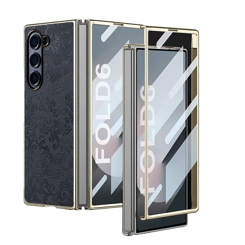 غطاء واقي بملمس باللون أسود جلد لـ Samsung Galaxy Z Fold 6 مع طي مطلي بالكهرباء وتغطية كاملة مع مقاوم للصدمات مع حماية من السقوط سهل الحمل للتخزين العملي للحمل اليومي - Image 1