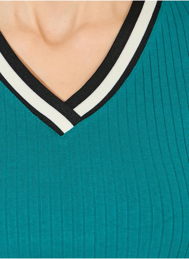 Styli Ribbed V Neck Knit Top with Striped Detail