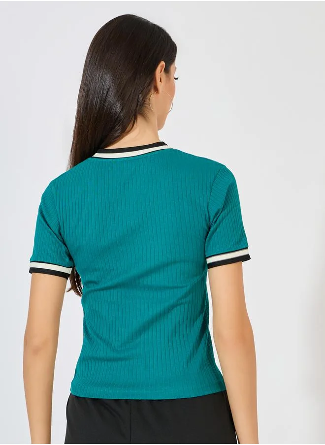 Styli Ribbed V Neck Knit Top with Striped Detail