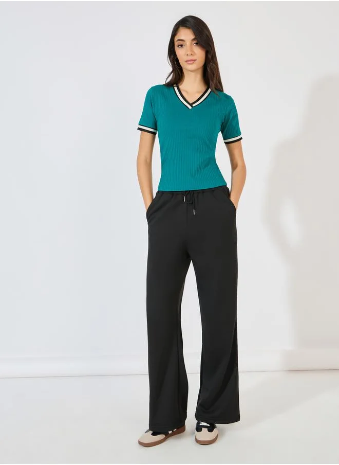 Styli Ribbed V Neck Knit Top with Striped Detail