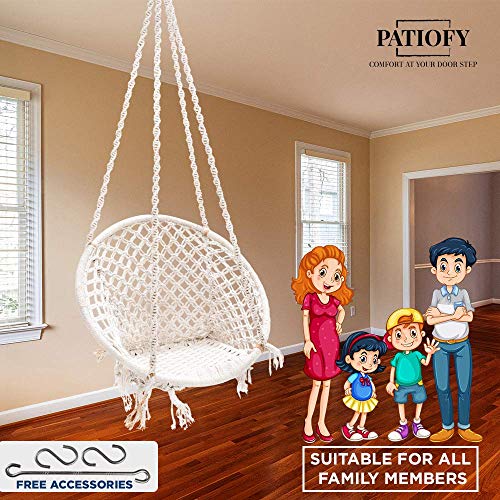 Patiofy Single Seater Cotton Made Home Swing For Kids & Adults Home Swing Balcony, Living Room, Hanging Jhula For Kids Indoor/Outdoor With Free Hanging Accessories (White) - 70 X 45 X 148 Cm - Image 3