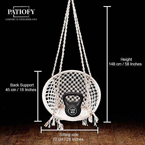 Patiofy Single Seater Cotton Made Home Swing For Kids & Adults Home Swing Balcony, Living Room, Hanging Jhula For Kids Indoor/Outdoor With Free Hanging Accessories (White) - 70 X 45 X 148 Cm - Image 4