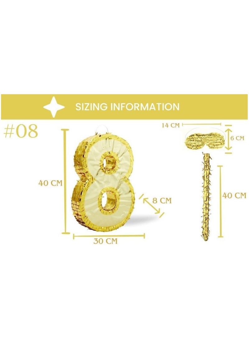 جولد إيدج زينة بينياتا عيد الميلاد بأرقام 42×30×8 سم، بينياتا من رقائق ذهبية مع عصا، معصوب العينين، قصاصات ورقية، لحفلات أعياد الميلاد للأولاد والبنات، واحتفالات الذكرى السنوية، ولوازم الحفلات (رقم 8) - Image 3