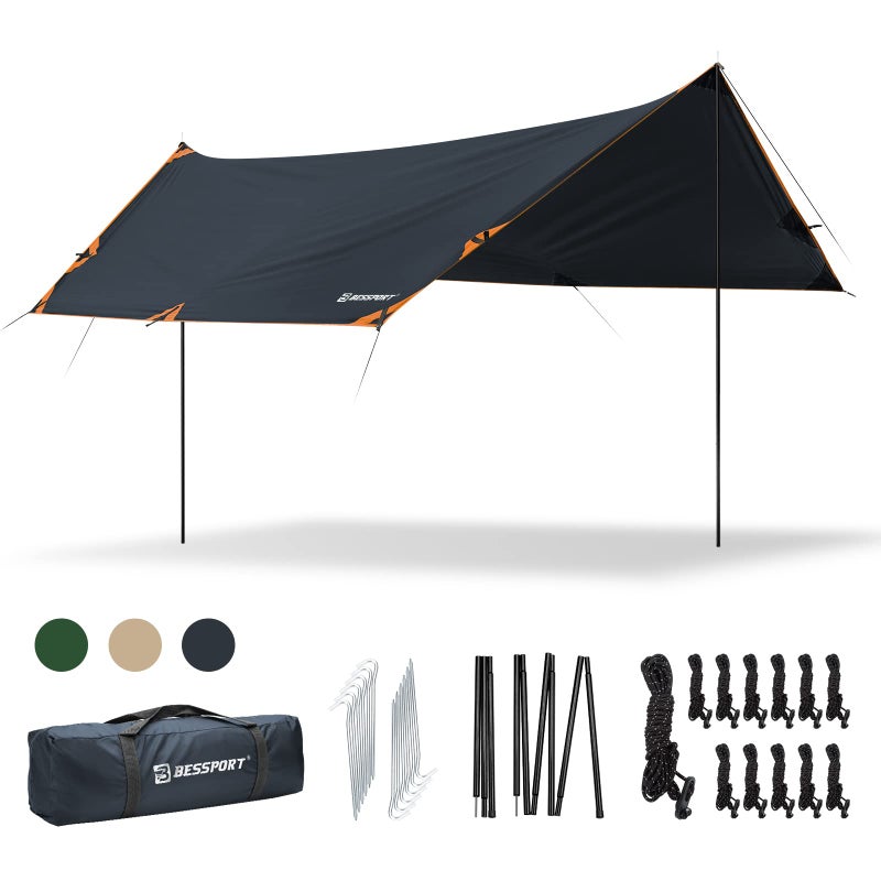 Bessport Camping Tarp 1698FT with 2 Poles Lightweight Car Awning Sunshade Portable Multifunctional Backpacking PU 3000mm Waterproof Rain Fly Hammock Tarp for OutdoorTraveling Hilking