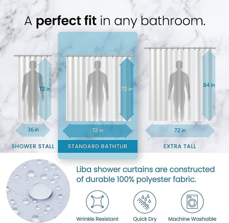 LiBa Fabric Bathroom Shower Curtain, 72" W x 72" H White Heavy Duty Waterproof Shower Curtain Liner - Image 3