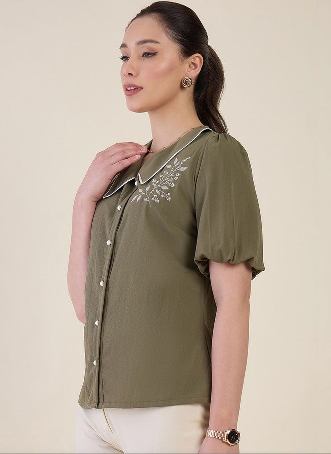 WineRed Olive Green Peter Pan Collar Puff Sleeve Embroidered Crepe Shirt - Image 3