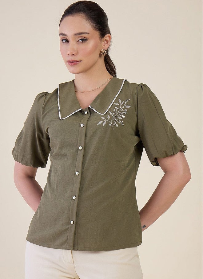 WineRed Olive Green Peter Pan Collar Puff Sleeve Embroidered Crepe Shirt - Image 2