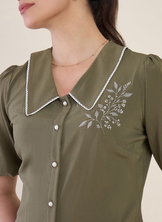 WineRed Olive Green Peter Pan Collar Puff Sleeve Embroidered Crepe Shirt - Image 4