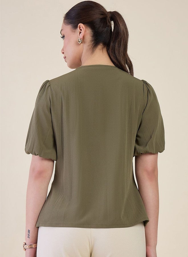 WineRed Olive Green Peter Pan Collar Puff Sleeve Embroidered Crepe Shirt - Image 5