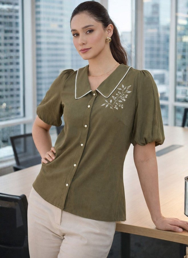 WineRed Olive Green Peter Pan Collar Puff Sleeve Embroidered Crepe Shirt - Image 1