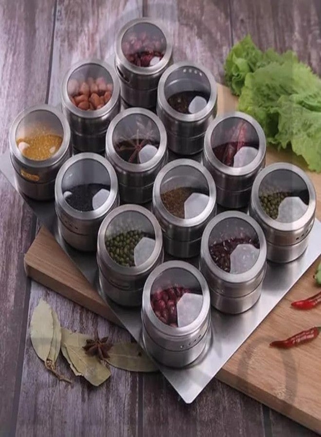 PRISO 12 Pcs Steel Magnetic Spice Tins With Lid Small Holes For Sprinkle Rust Free Easy To Clean Transparent Lid Design, Kitchen Essentials Organizer For Seasoning, Condiment & Masala Storage Rack. - Image 5