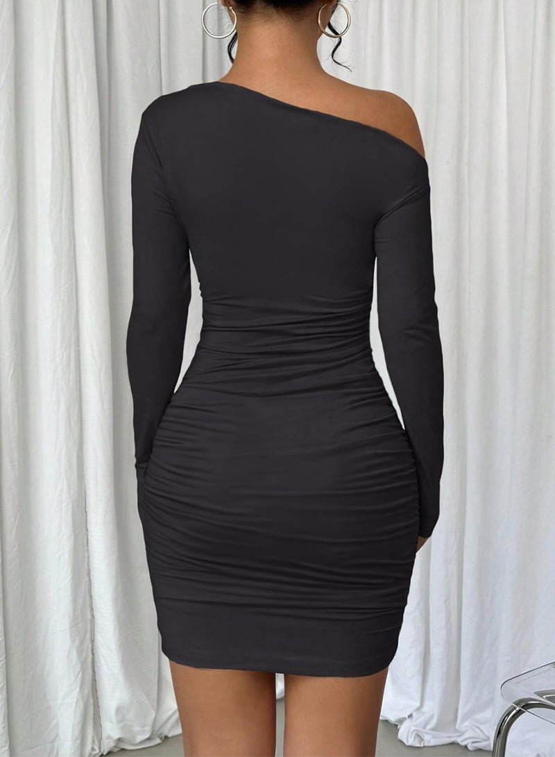 Acelitt Fall Off the Shoulder Dresses for Women 2025 Long Sleeve Ruched Bodycon Cocktail Party Mini Dress Black X-Large - Image 4
