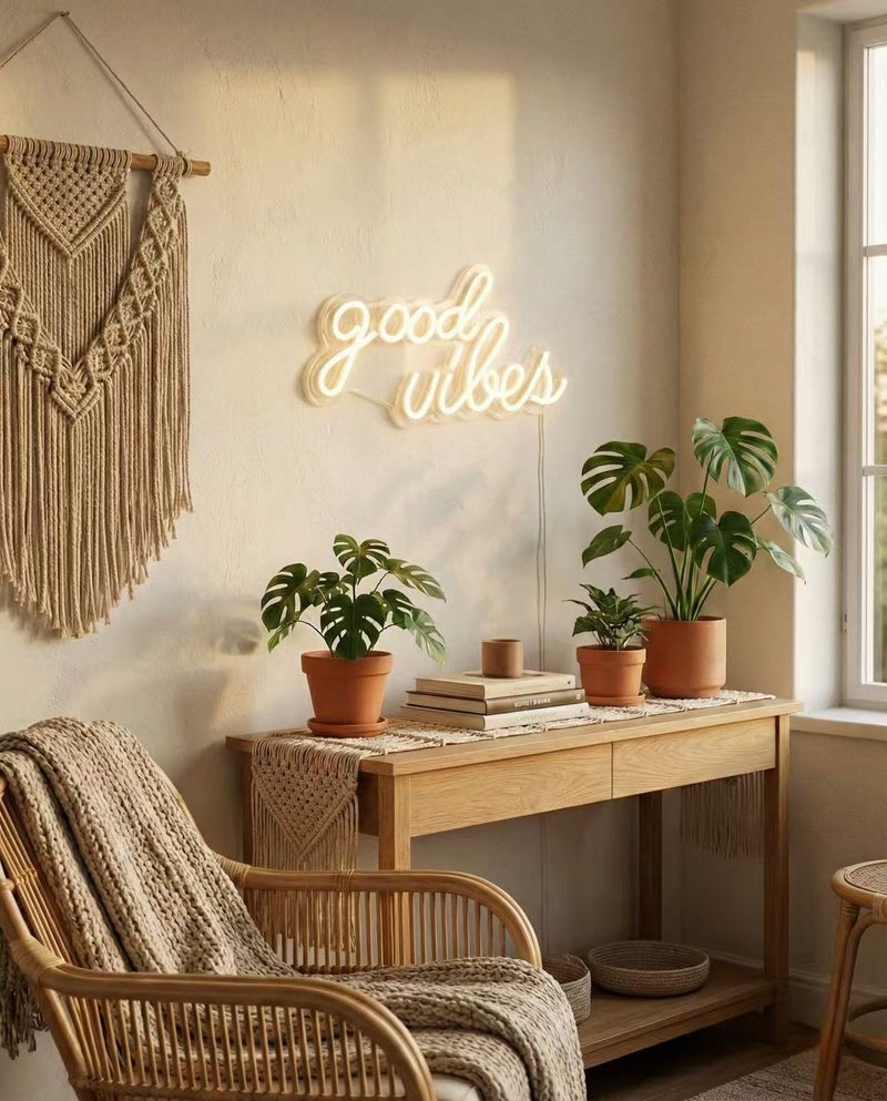 DECANIT Good Vibes Neon Sign Warm White, Boho LED Light for Wall Decor, Living Room, Wedding, Engagement Party, USB Powered 3D Art Holiday Gift, 16.1x8.3 Inch - Image 2