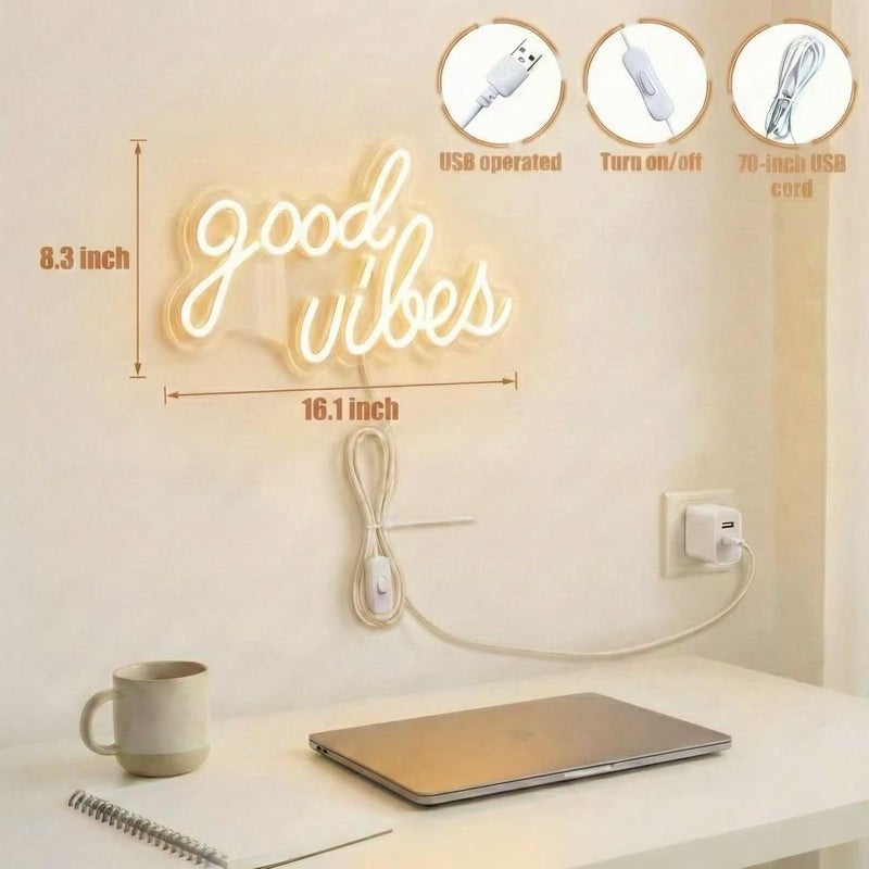 DECANIT Good Vibes Neon Sign Warm White, Boho LED Light for Wall Decor, Living Room, Wedding, Engagement Party, USB Powered 3D Art Holiday Gift, 16.1x8.3 Inch - Image 4
