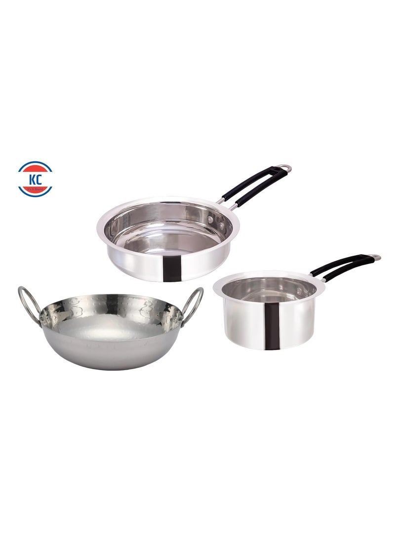 KC - KC Stainless Steel Frying Pan, Sauce pan and Kadhai Combo | Stove & Induction Safe | Fry Pan 2.0 LTR, Diamm. 24 cm | Sauce Pan 1.5 LTR., Diamm.18 cm | Kadhai 1.5 LTR, Diamm. 10 Inches - Image 1