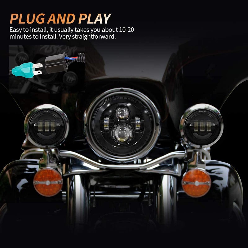 XPCTD 7 Inch Round LED Headlight Bulb kit With 4.5 Inch Passing Lamps Fog Lights Mounting Ring For Street Glide Ultra Classic Road King Electra Glide Heritage Softail Slim Deluxe Fatboy Tri CVO (Black) - Image 4