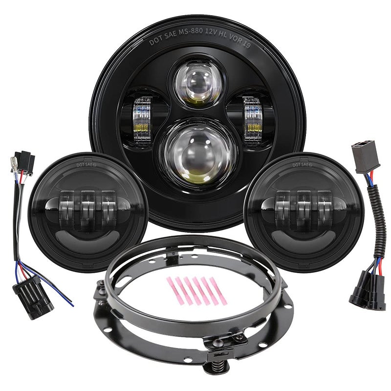 XPCTD 7 Inch Round LED Headlight Bulb kit With 4.5 Inch Passing Lamps Fog Lights Mounting Ring For Street Glide Ultra Classic Road King Electra Glide Heritage Softail Slim Deluxe Fatboy Tri CVO (Black) - Image 1
