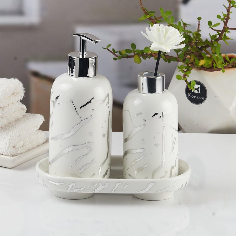 Kookee Ceramic Bathroom Accessories Set of 3 Modern Bath Set with Liquid handwash Soap Dispenser and Toothbrush Holder with Tray Luxury Gift Accessory for Home White 11121 - Image 4