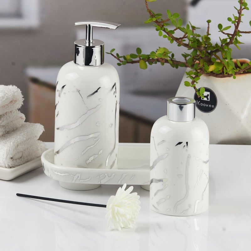 Kookee Ceramic Bathroom Accessories Set of 3 Modern Bath Set with Liquid handwash Soap Dispenser and Toothbrush Holder with Tray Luxury Gift Accessory for Home White 11121 - Image 2