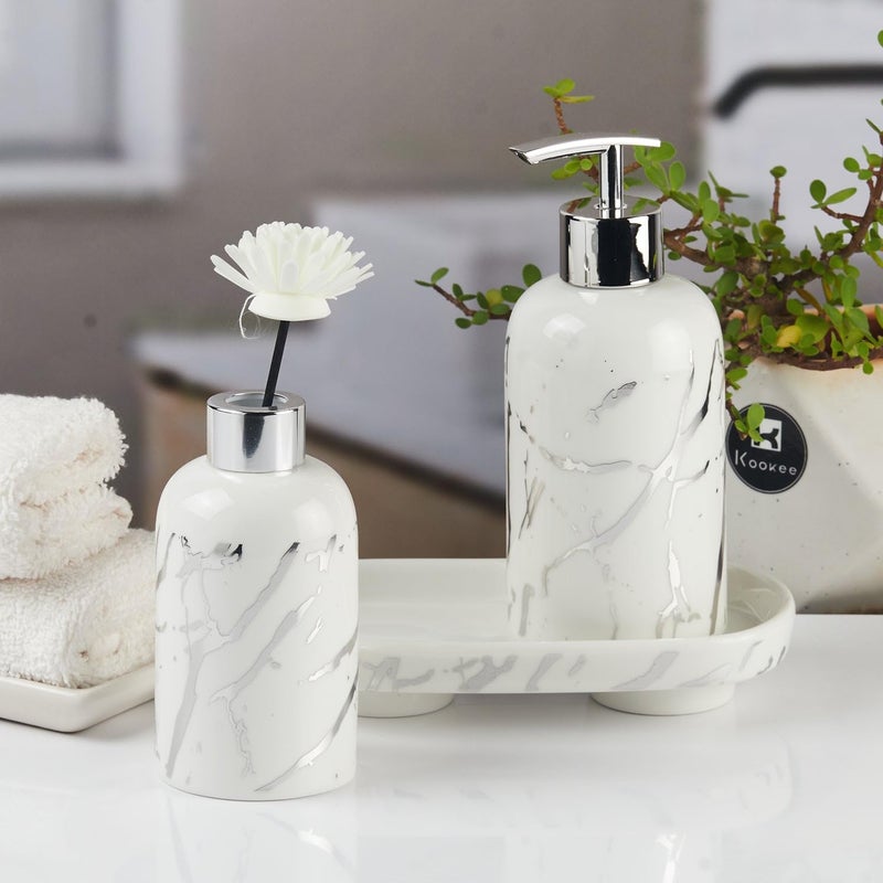 Kookee Ceramic Bathroom Accessories Set of 3 Modern Bath Set with Liquid handwash Soap Dispenser and Toothbrush Holder with Tray Luxury Gift Accessory for Home White 11121 - Image 1