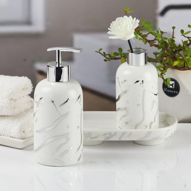 Kookee Ceramic Bathroom Accessories Set of 3 Modern Bath Set with Liquid handwash Soap Dispenser and Toothbrush Holder with Tray Luxury Gift Accessory for Home White 11121 - Image 3