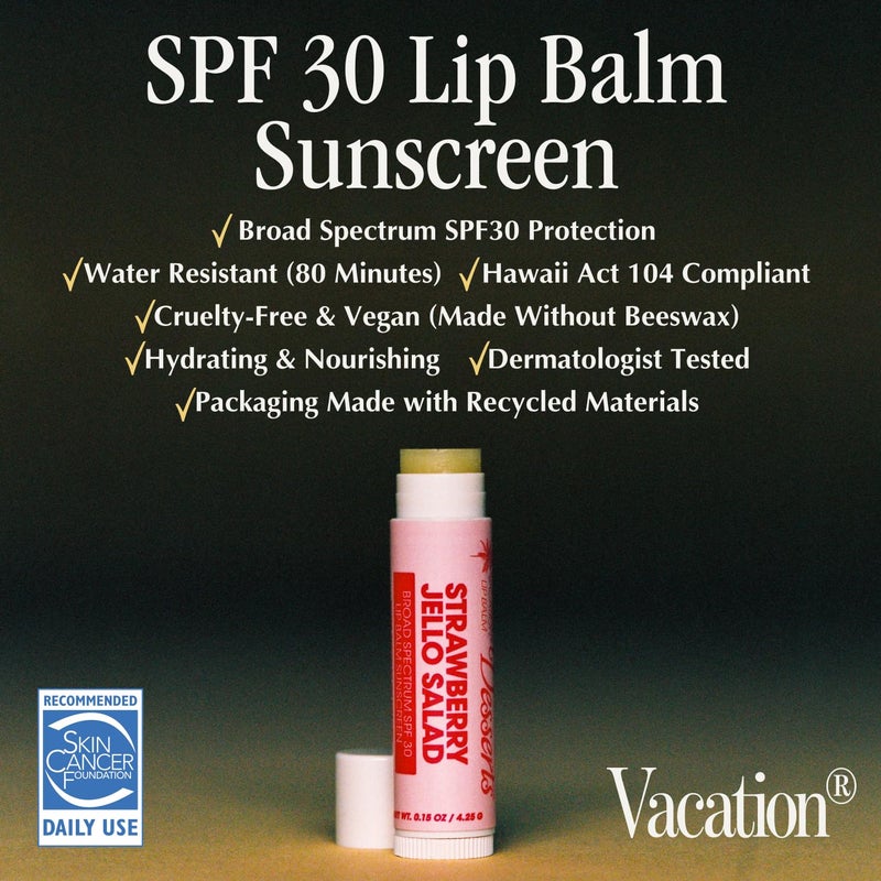 Vacation Strawberry Jello Salad SPF 30 Lip Balm, Hydrating Sunscreen for Lips, Water-Resistant, Lightweight, Transparent Sheen, Vegan Formula Made without Beeswax (Pack of 3) - Image 3