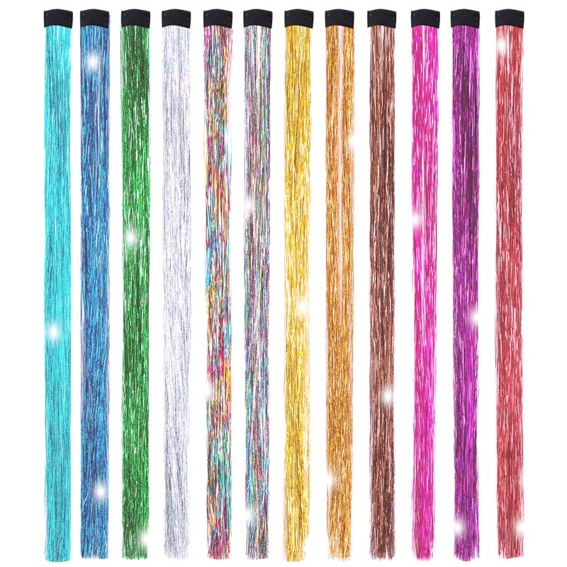 Edoneery 19.7 Inch Clip In Hair Fairy Tinsel Kit Clips Clip On Glitter Hair Tinsel Extensions 12 Colors - Image 1