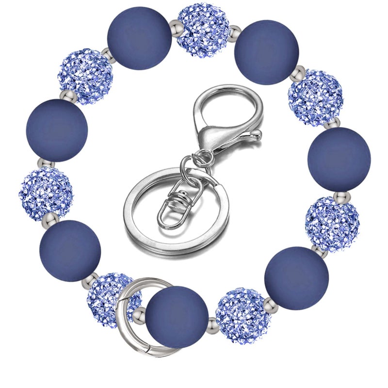 M-Plateau Wristlet Keychain, Silicone Beaded Wrist keychain with Key Ring for Women, Elastic Keychain Bracelet (Navy Silver) - Image 1