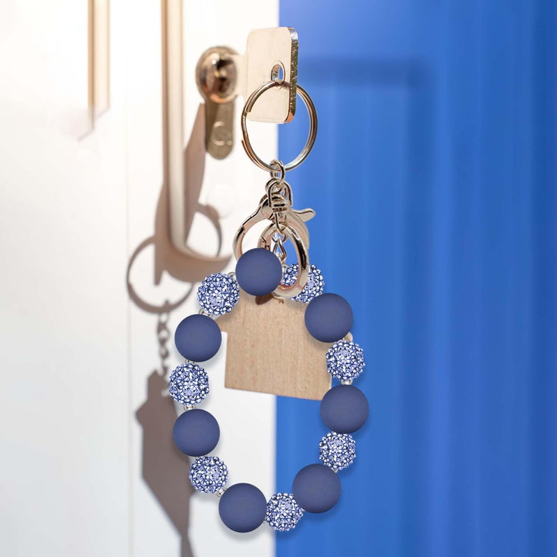 M-Plateau Wristlet Keychain, Silicone Beaded Wrist keychain with Key Ring for Women, Elastic Keychain Bracelet (Navy Silver) - Image 2
