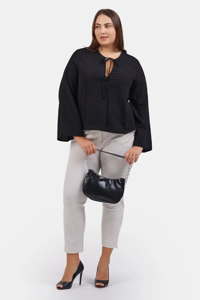 Virgio Solid Crepe Flared Plus Size Top With Front Tie-Up Detail for Women