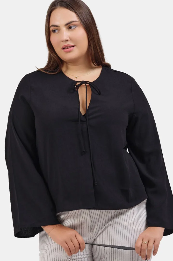 فيرجيو Solid Crepe Flared Plus Size Top With Front Tie-Up Detail for Women