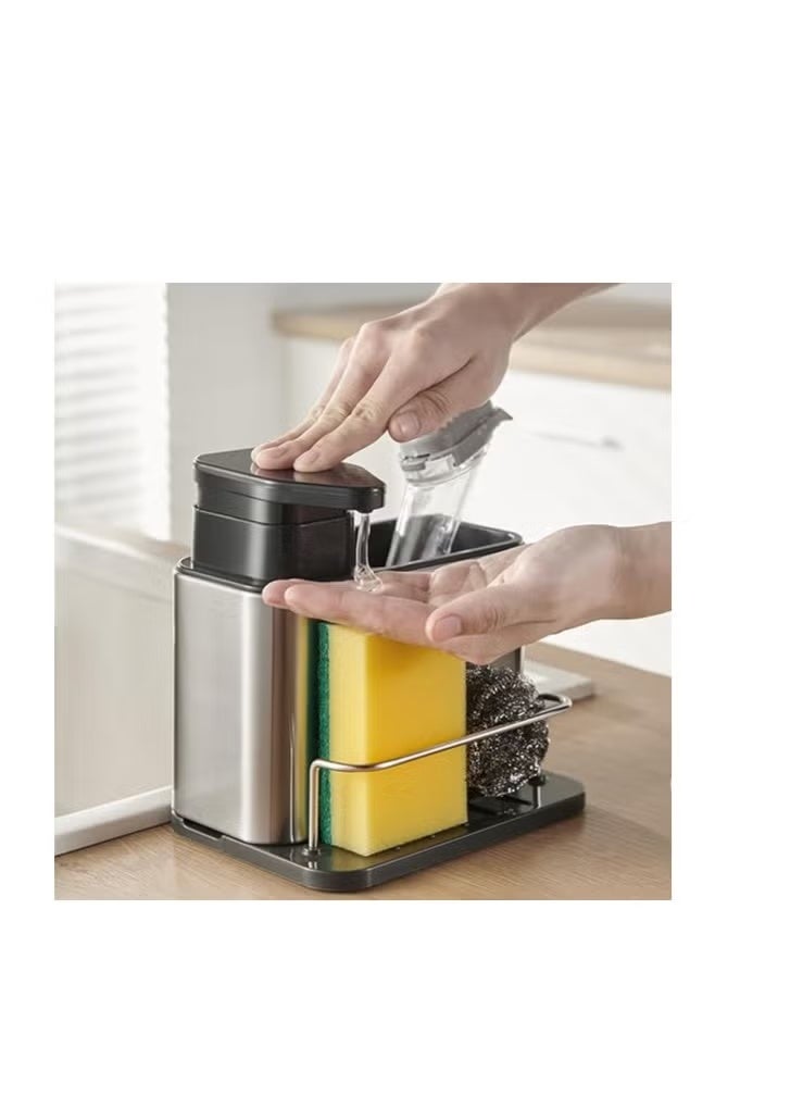 موزع صابون لحوض المطبخ 3 في 1 من الستانلس ستيل – حامل إسفنجة وحامل فرشاة مقاوم للصدأ، منظم حوض المطبخ بتصميم أنيق لتوفير المساحة - Image 1