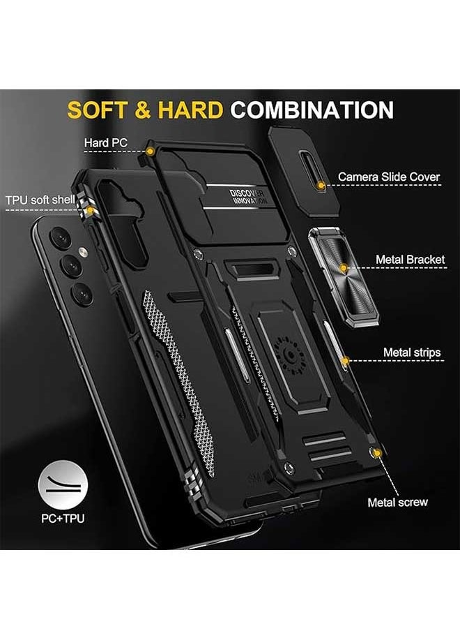 Samsung Galaxy A14 5G Case, 360 ° Rotating Finger Ring Hardware Bracket, Trendy Sliding Window Design, Support for Car Magnetic Suction,  Heavy Duty Shockproof Protective Case for Galaxy A14 5G  Black
