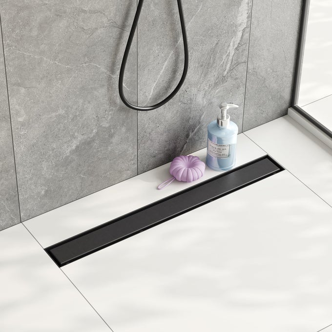 24INCH LINEAR SHOWER DRAINWITH 2IN1 FLAT TILE INSERT SHINY BLACK COVER RECTANGLE SHOWER FLOOR DRAIN FLOOR SHOWER DRAIN WITH ADJUSTABLE LEVELING FEET HAIR STRAINER