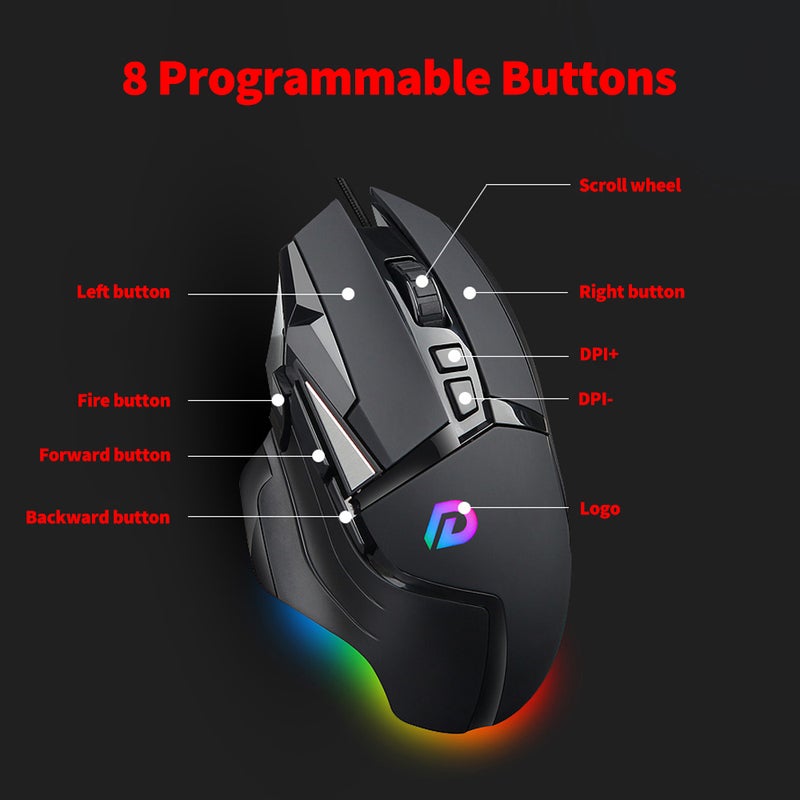 DM502 Wired Gaming Ergonomic Mice with Optical Engine Maximum 7200DPI 8 Programmable Buttons Colorful RGB Light Effect - Image 3