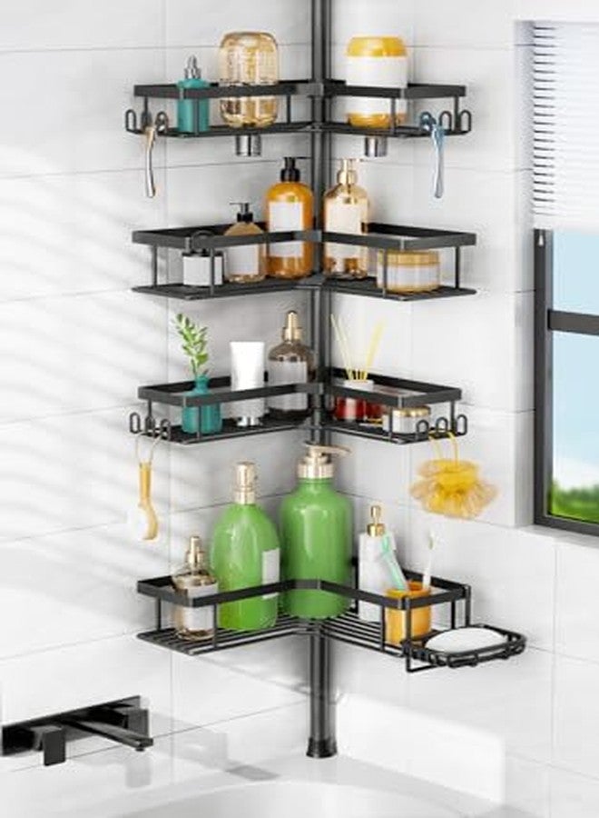 HAMITOR Shower Caddy Tension Pole: 4-Tier Corner Rustproof Bathroom Organizer with Soap Holder & Hooks - No-Drill Adjustable Shower Shelf for Renters - Family Stand Storage Rack - 47-123 Inch Black - Image 1