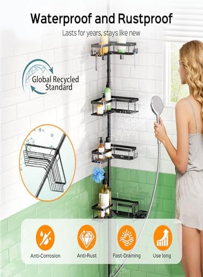 HAMITOR Shower Caddy Tension Pole: 4-Tier Corner Rustproof Bathroom Organizer with Soap Holder & Hooks - No-Drill Adjustable Shower Shelf for Renters - Family Stand Storage Rack - 47-123 Inch Black - Image 2