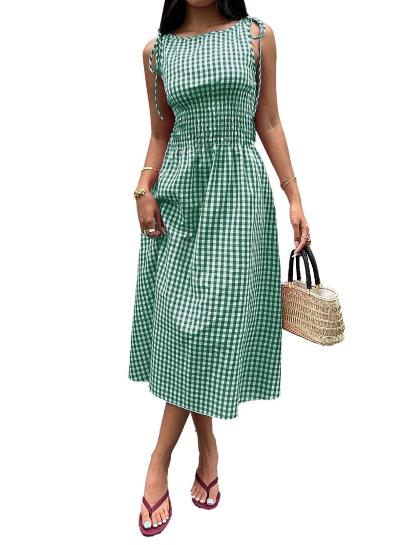 Acelitt Summer Maxi Dresses for Women 2026 Smocked Waist Gingham Dress Flowy A Line Beach Long Sun Dress with Pockets Vacation Outfits Green Large - Image 1