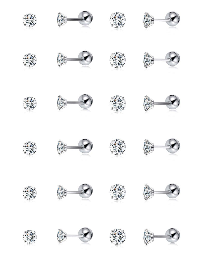 Tornito 12 Pairs Tiny Stud Earrings Stainless Steel Round Cubic Zirconia Barbell Stud Earrings Set For Men Women Screw Flat Back Earrings 2MM-3MM 20G - Image 1